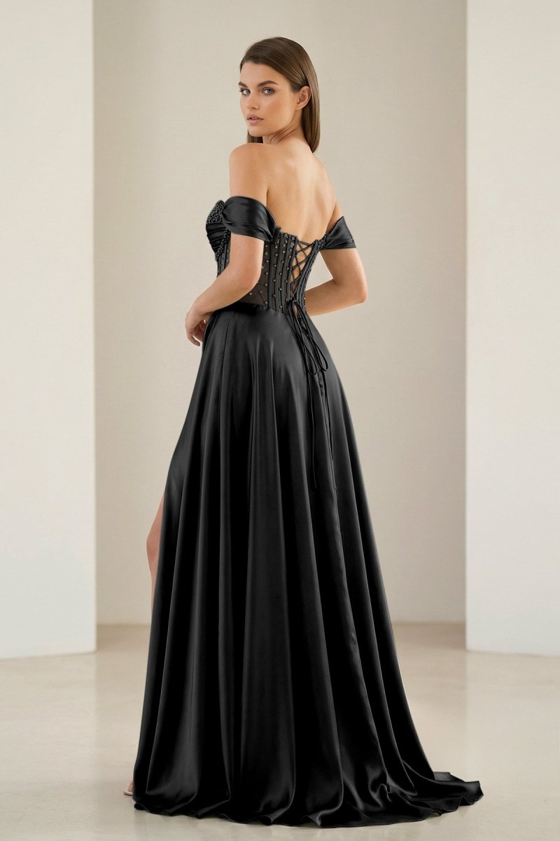 Varelyn | Black - Off The Shoulder A Line Satin Beaded Prom Dresses With Slit-KissProm