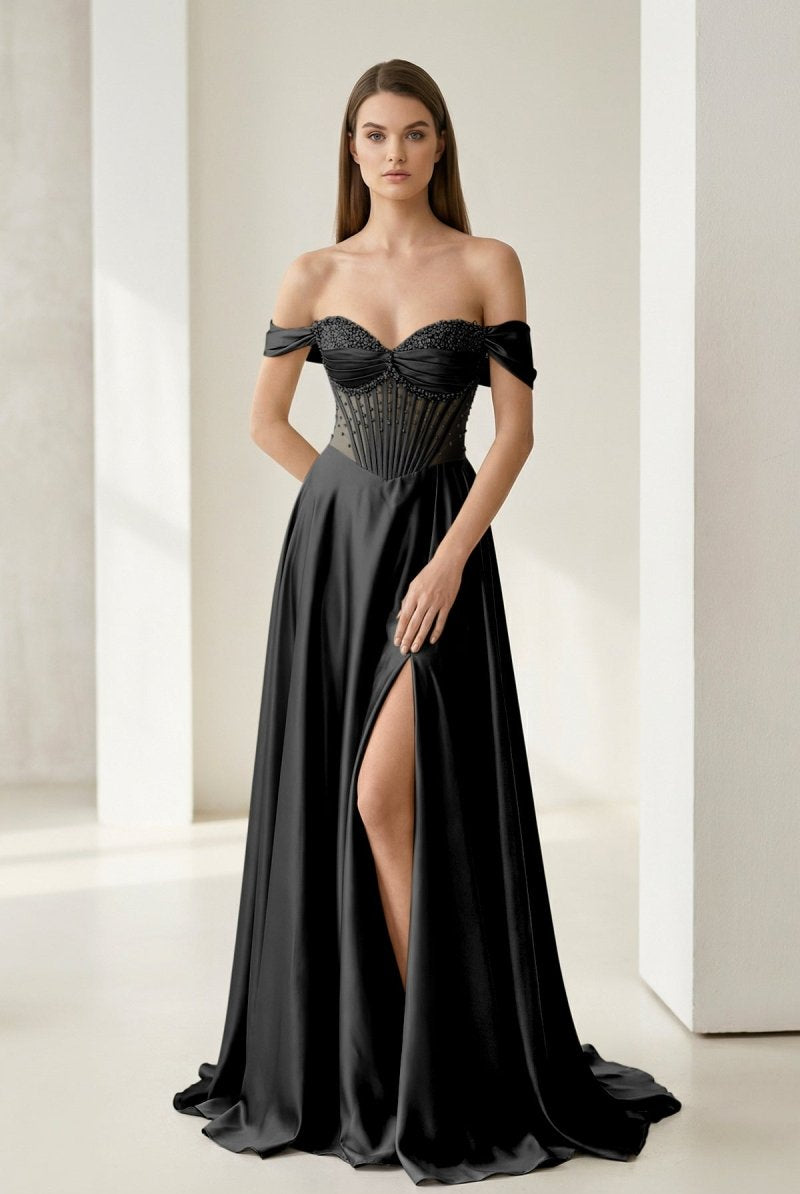 Varelyn | Black - Off The Shoulder A Line Satin Beaded Prom Dresses With Slit-KissProm