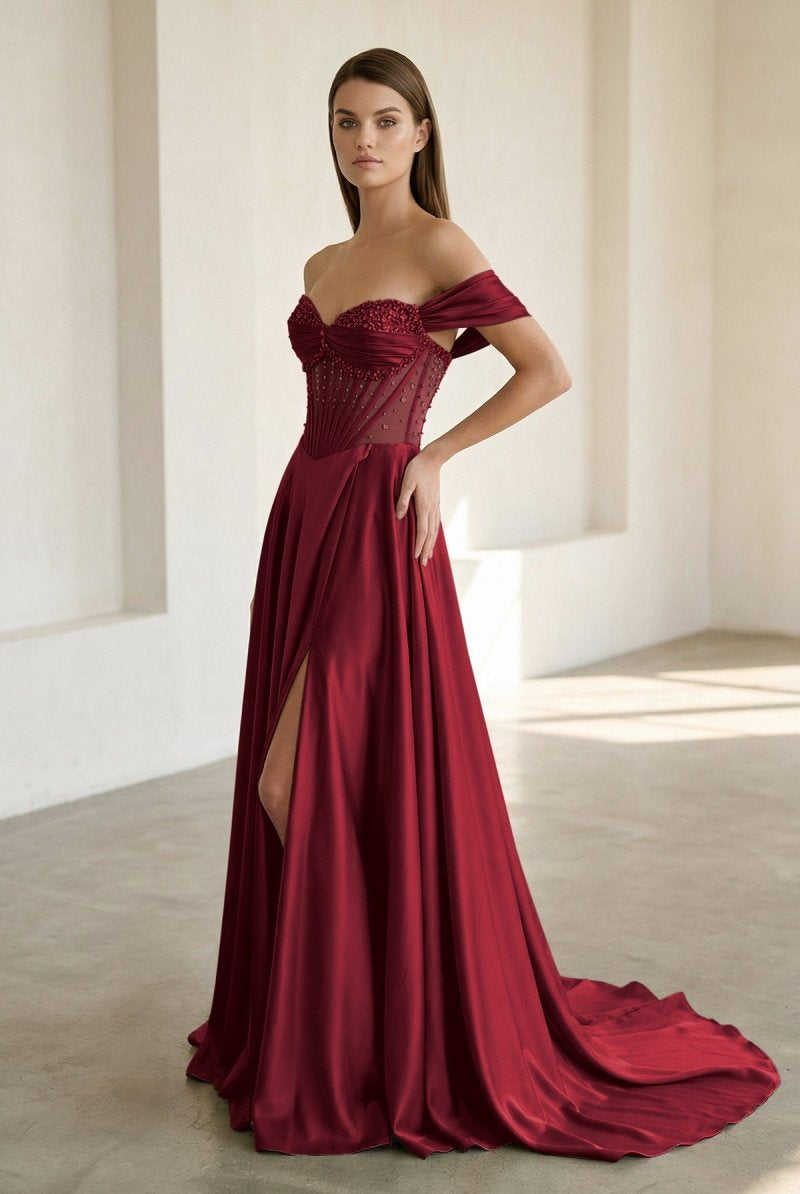Varelyn | Burgundy - Off The Shoulder A Line Satin Beaded Prom Dresses With Slit-KissProm