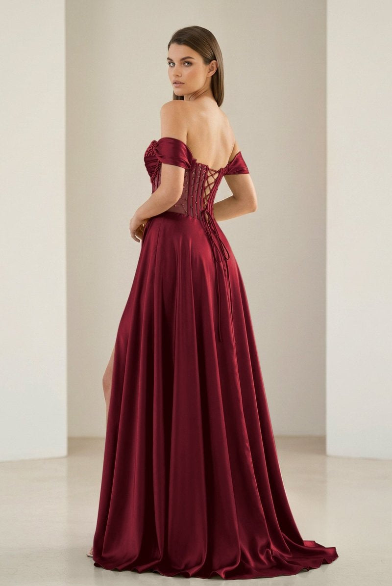 Varelyn | Burgundy - Off The Shoulder A Line Satin Beaded Prom Dresses With Slit-KissProm