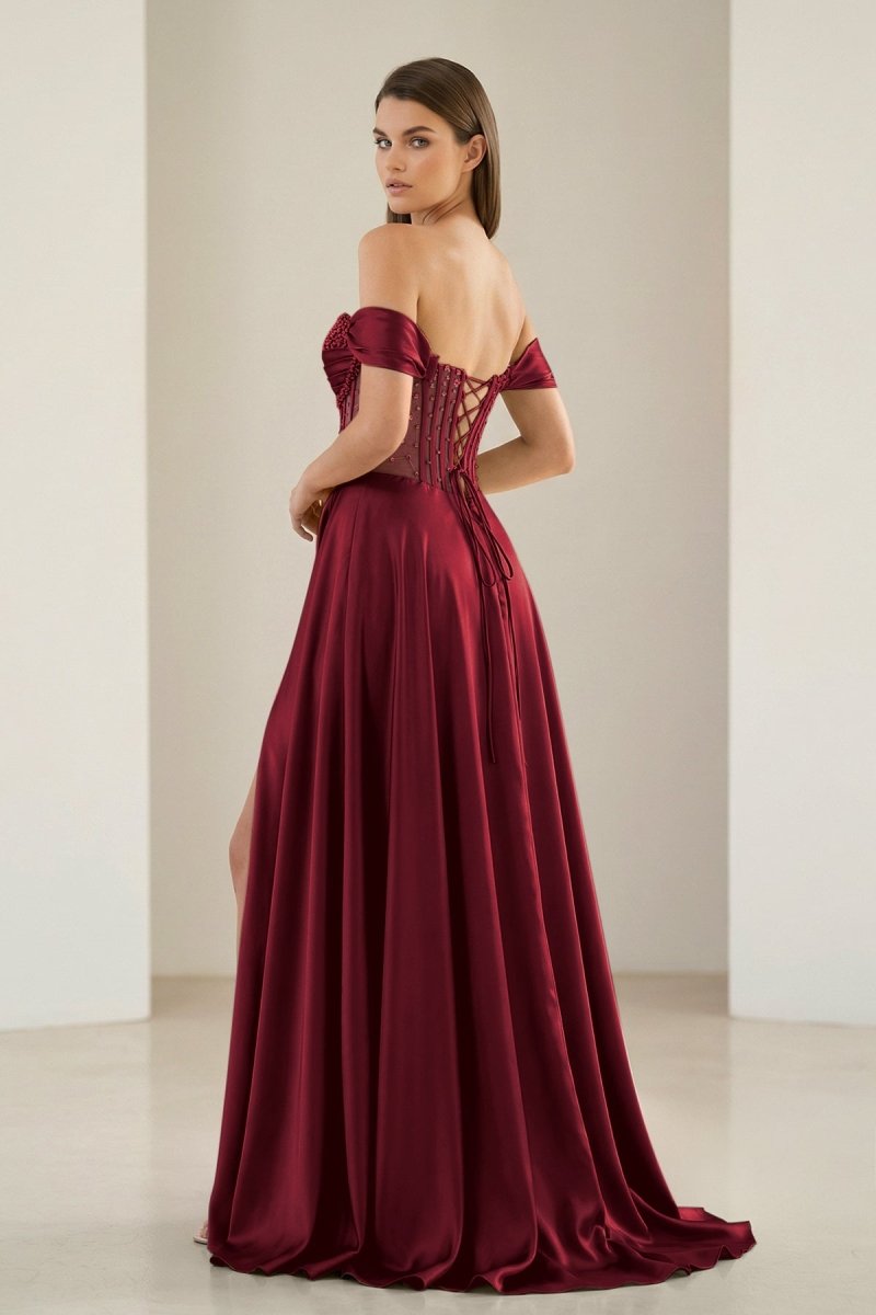 Varelyn | Burgundy - Off The Shoulder A Line Satin Beaded Prom Dresses With Slit-KissProm