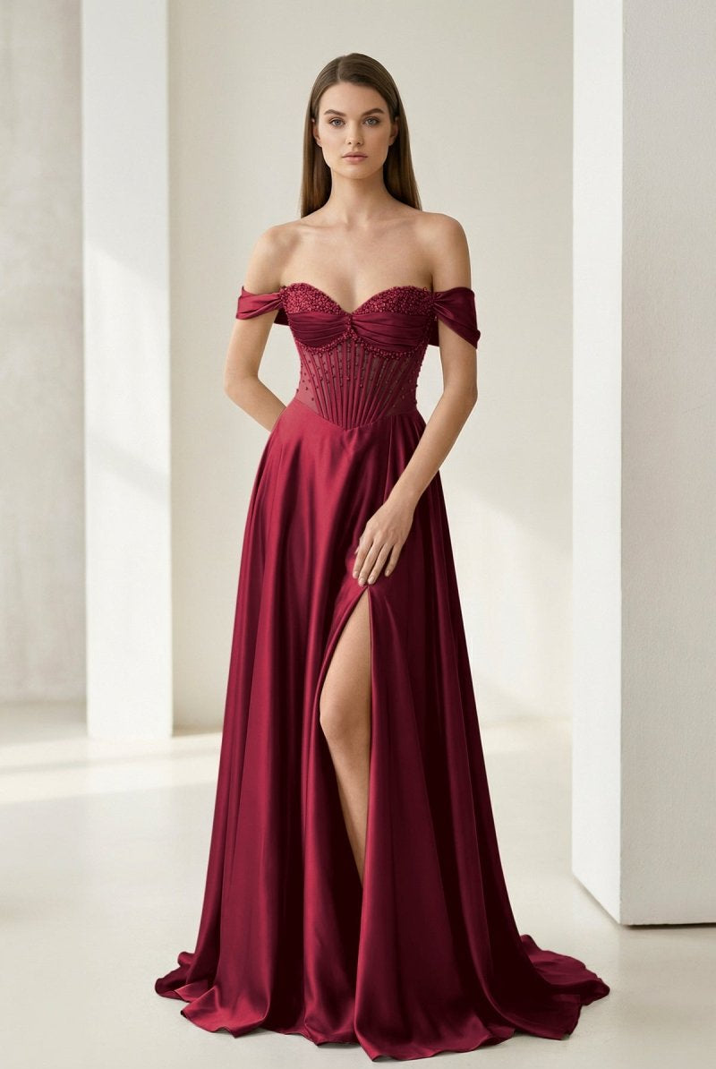 Varelyn | Burgundy - Off The Shoulder A Line Satin Beaded Prom Dresses With Slit-KissProm