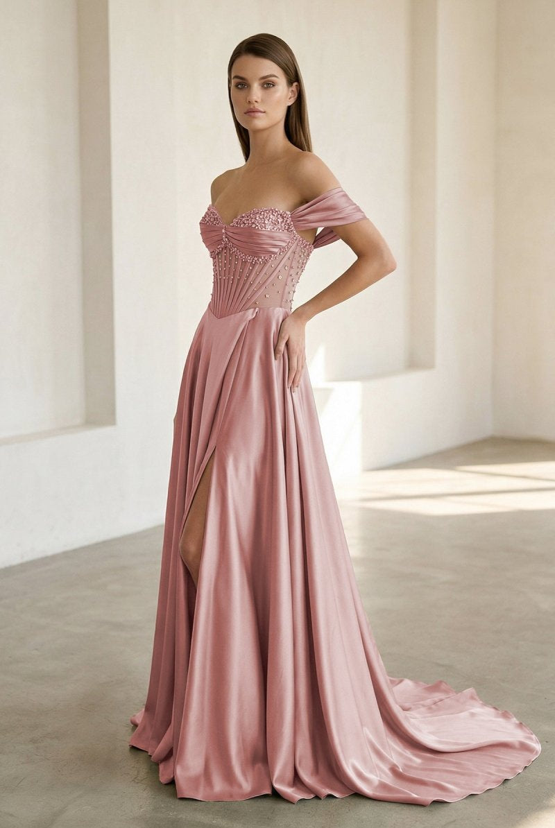 Varelyn | Dusty Pink - Off The Shoulder A Line Satin Beaded Prom Dresses With Slit-KissProm