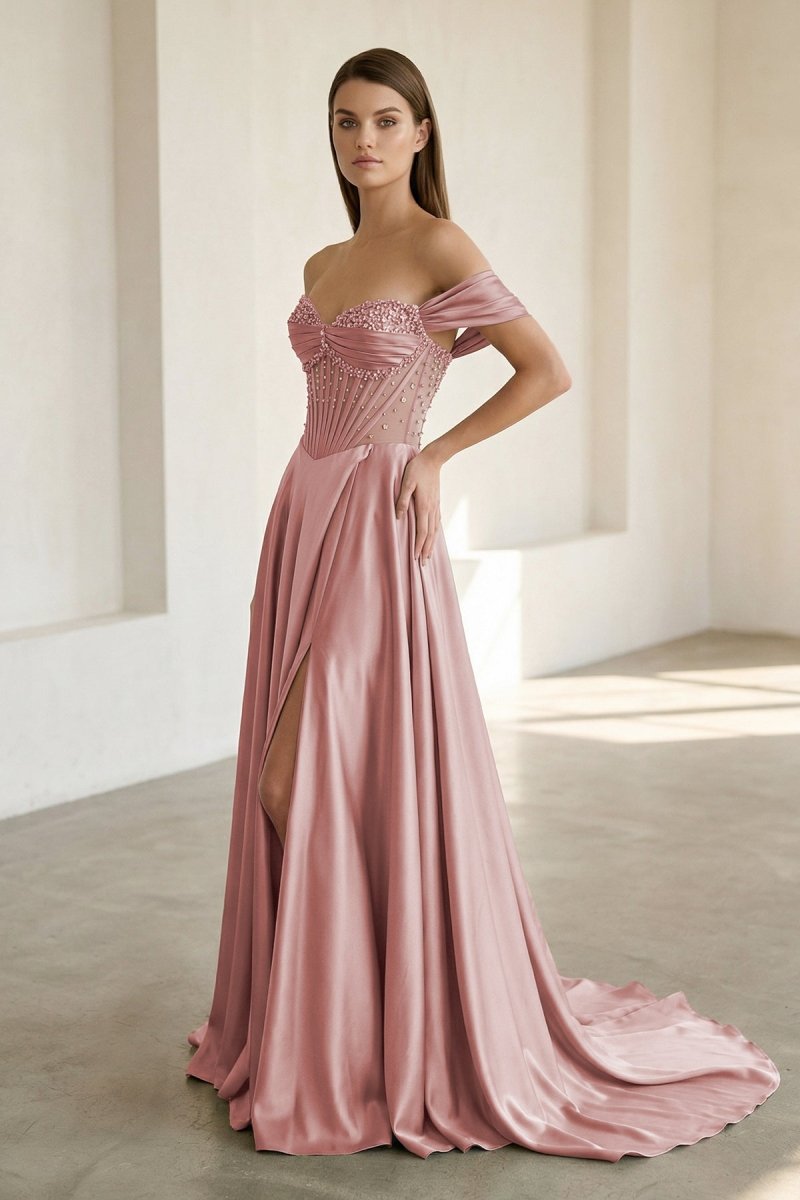 Varelyn | Dusty Pink - Off The Shoulder A Line Satin Beaded Prom Dresses With Slit-KissProm