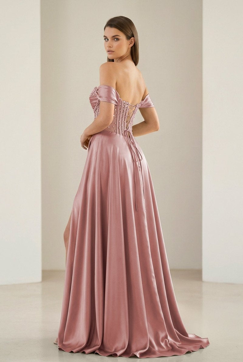 Varelyn | Dusty Pink - Off The Shoulder A Line Satin Beaded Prom Dresses With Slit-KissProm