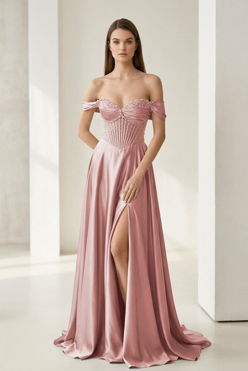 Varelyn | Dusty Pink - Off The Shoulder A Line Satin Beaded Prom Dresses With Slit-KissProm