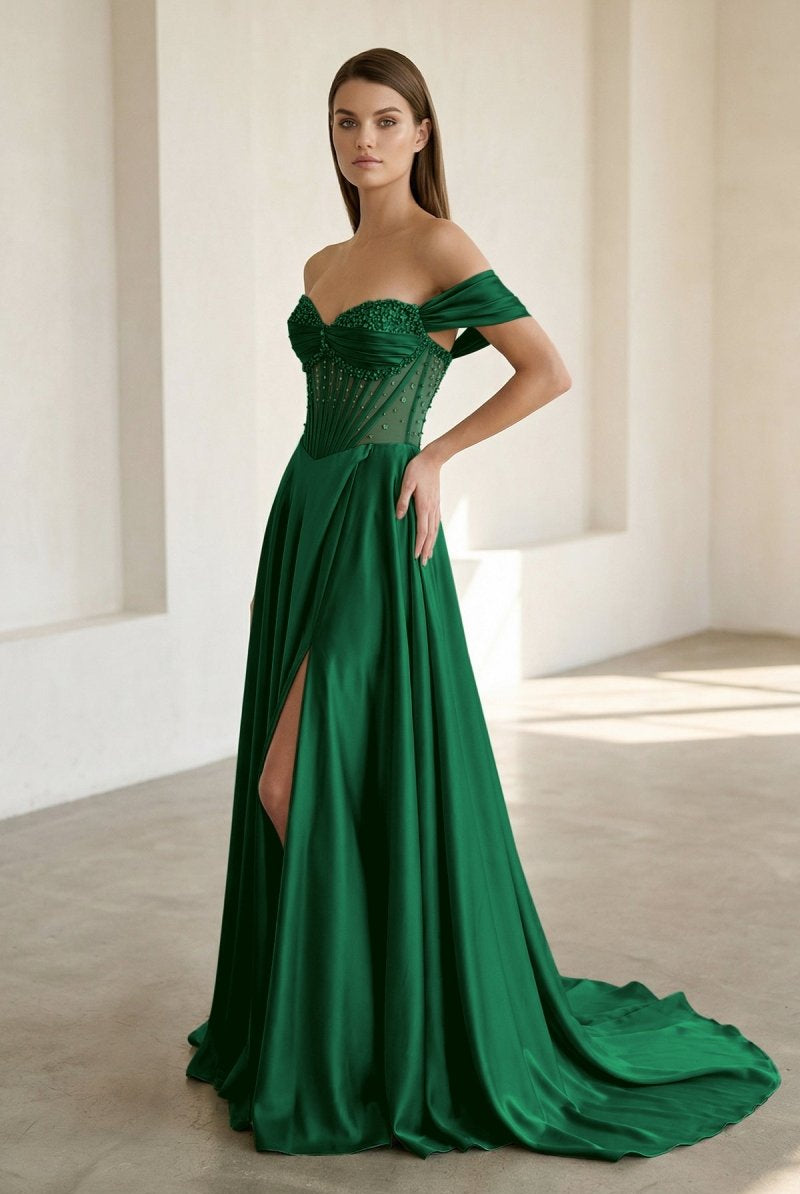 Varelyn | Emerald - Off The Shoulder A Line Satin Beaded Prom Dresses With Slit-KissProm