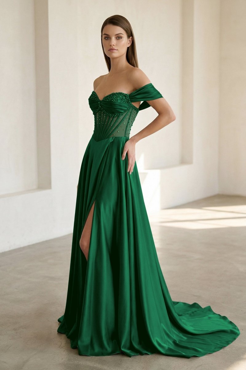 Varelyn | Emerald - Off The Shoulder A Line Satin Beaded Prom Dresses With Slit-KissProm