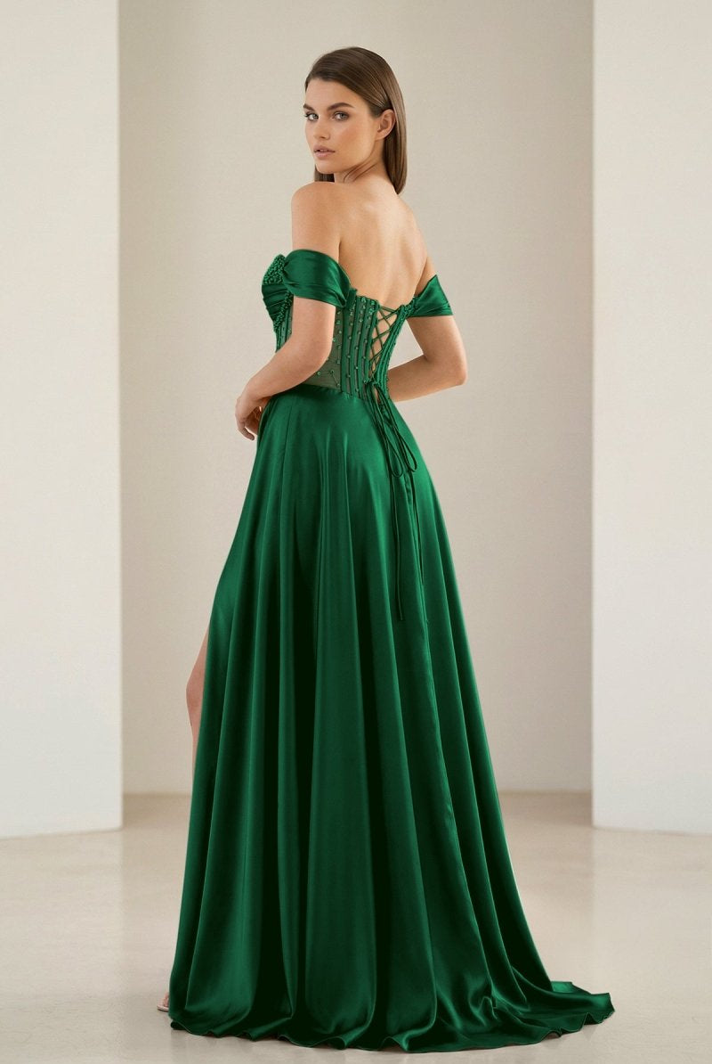 Varelyn | Emerald - Off The Shoulder A Line Satin Beaded Prom Dresses With Slit-KissProm