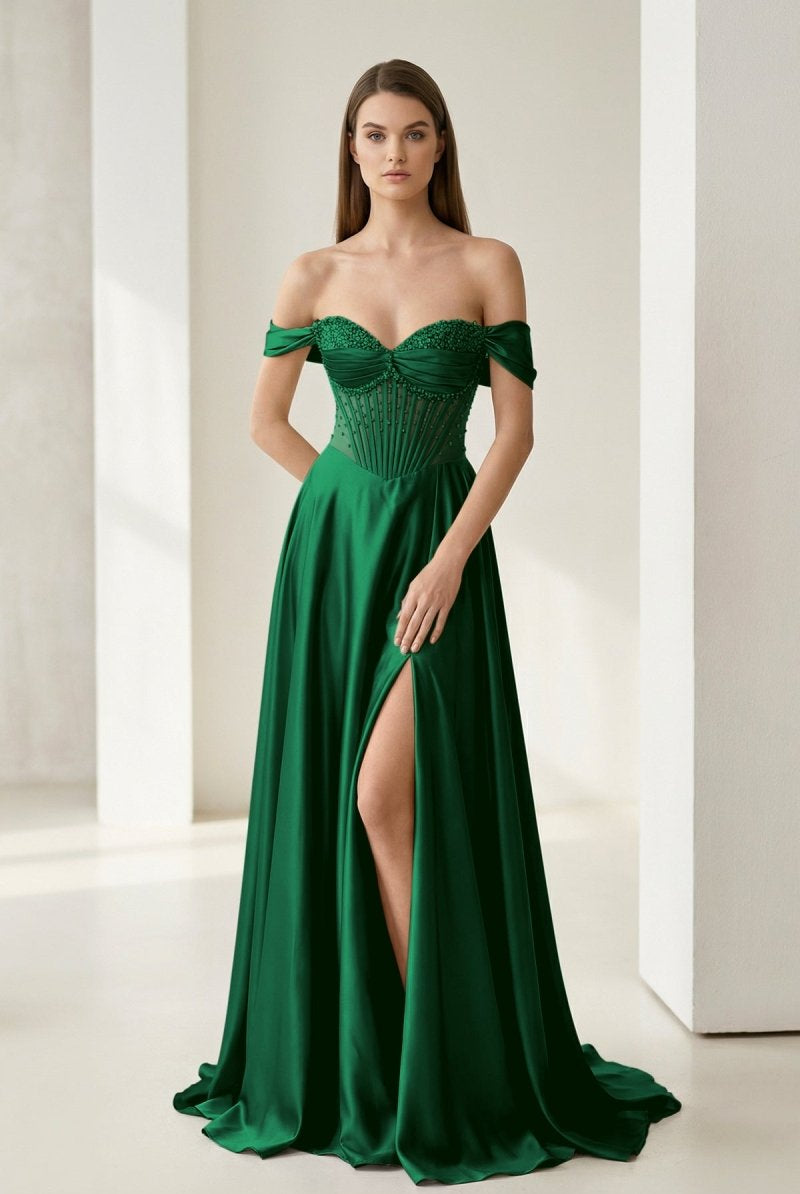 Varelyn | Emerald - Off The Shoulder A Line Satin Beaded Prom Dresses With Slit-KissProm
