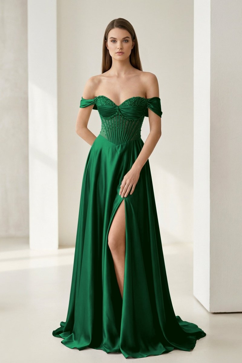 Varelyn | Emerald - Off The Shoulder A Line Satin Beaded Prom Dresses With Slit-KissProm