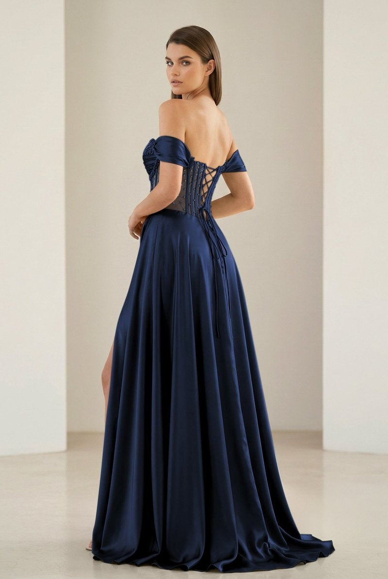 Varelyn | Navy Blue - Off The Shoulder A Line Satin Beaded Prom Dresses With Slit-KissProm