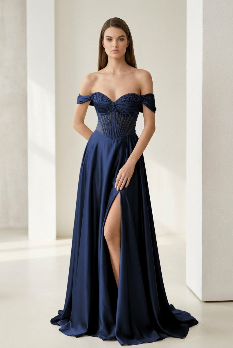 Varelyn | Navy Blue - Off The Shoulder A Line Satin Beaded Prom Dresses With Slit-KissProm