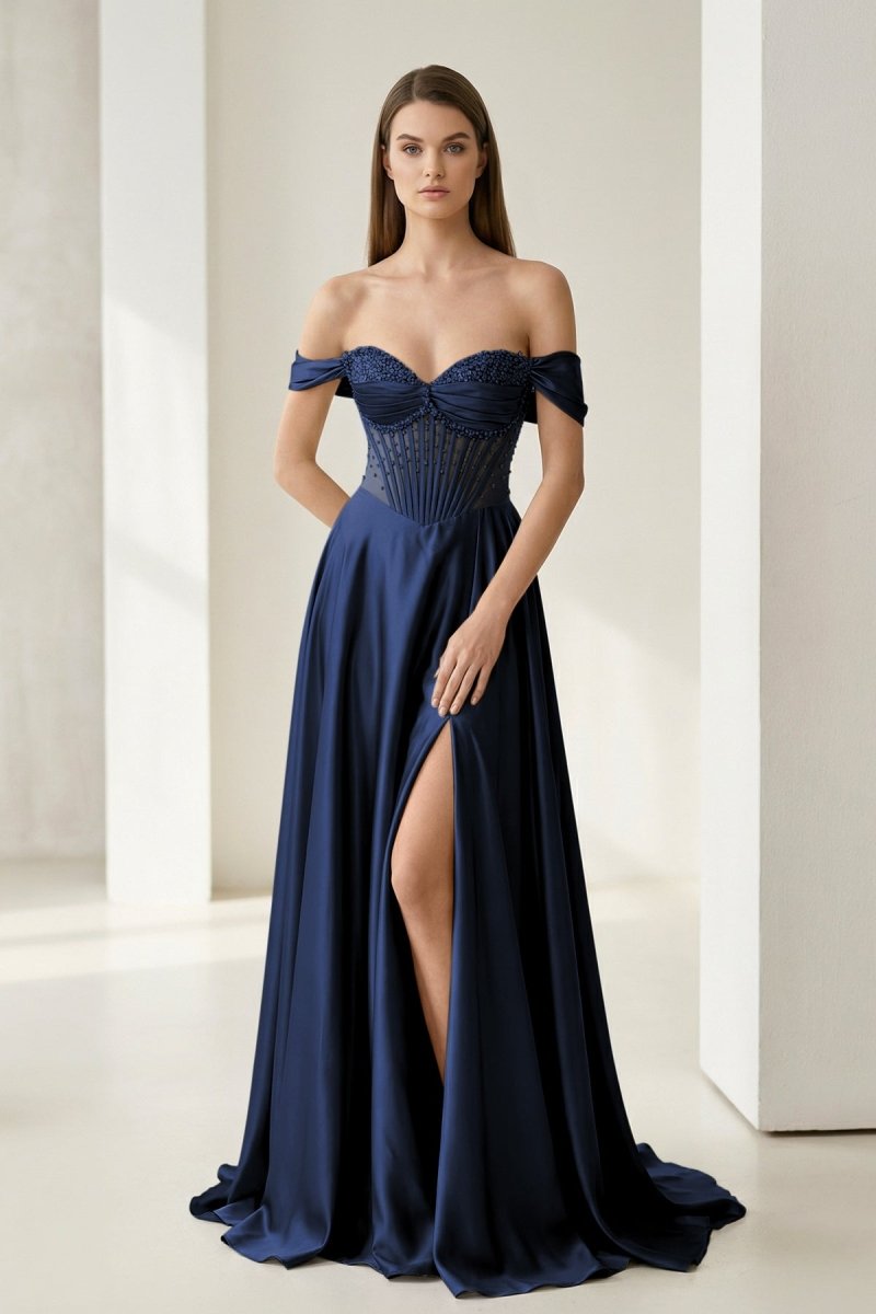 Varelyn | Navy Blue - Off The Shoulder A Line Satin Beaded Prom Dresses With Slit-KissProm