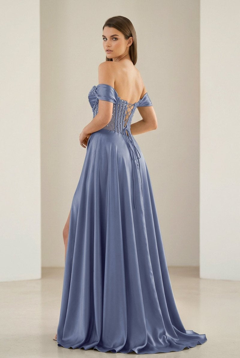 Varelyn | Periwinkle - Off The Shoulder A Line Satin Beaded Prom Dresses With Slit-KissProm