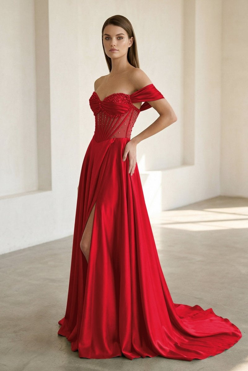 Varelyn | Red - Off The Shoulder A Line Satin Beaded Prom Dresses With Slit-KissProm