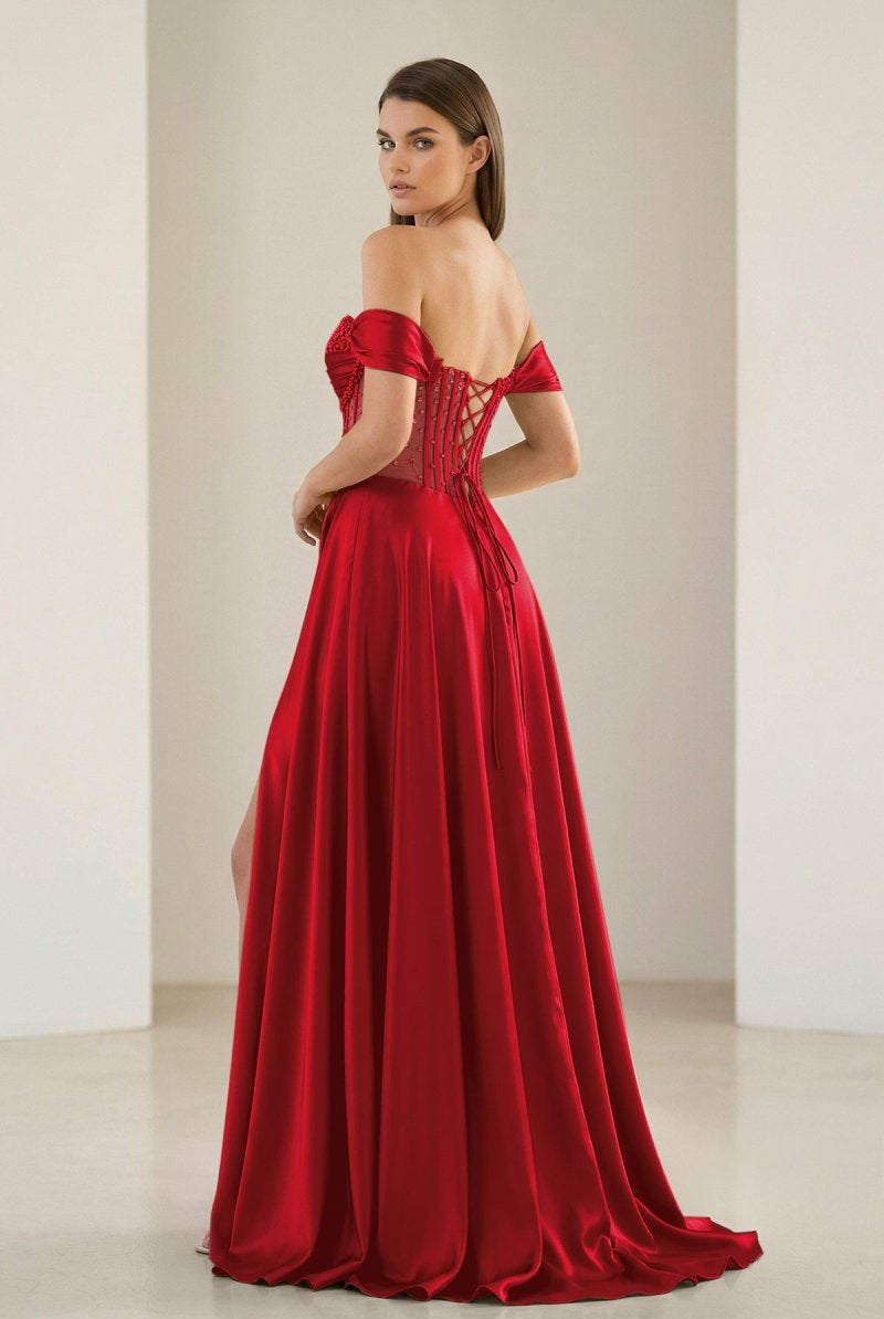 Varelyn | Red - Off The Shoulder A Line Satin Beaded Prom Dresses With Slit-KissProm
