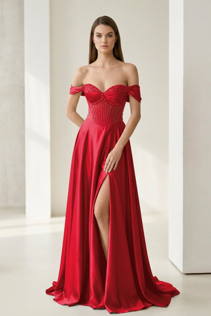 Varelyn | Red - Off The Shoulder A Line Satin Beaded Prom Dresses With Slit-KissProm