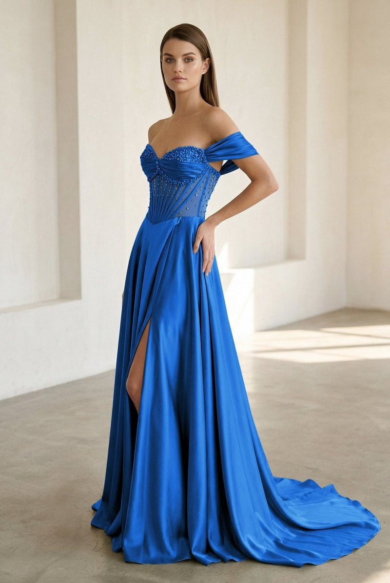 Varelyn | Royal Blue - Off The Shoulder A Line Satin Beaded Prom Dresses With Slit-KissProm