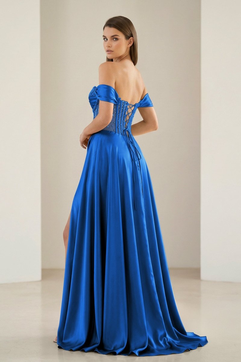 Varelyn | Royal Blue - Off The Shoulder A Line Satin Beaded Prom Dresses With Slit-KissProm