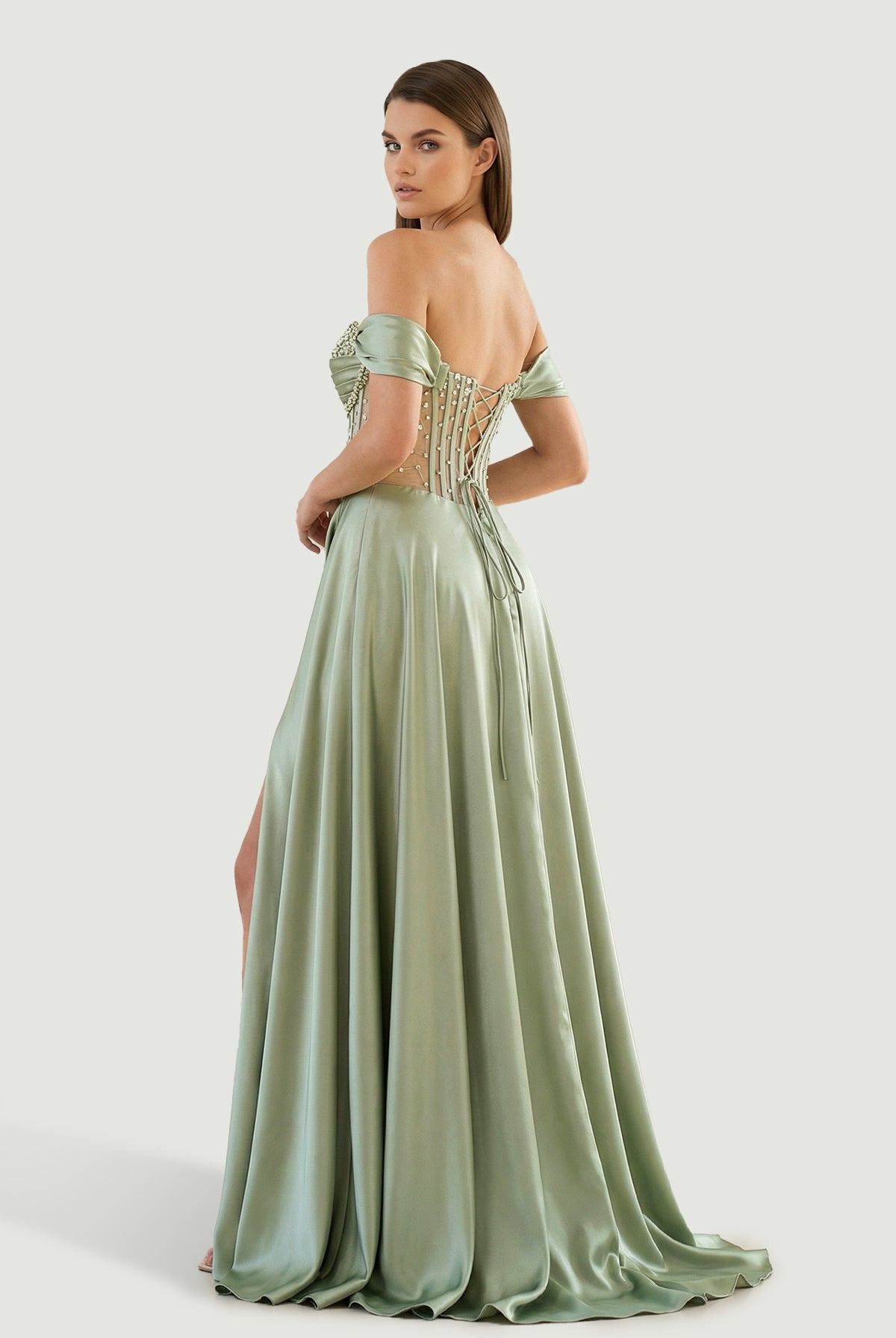 Varelyn | Sage - Off The Shoulder A Line Satin Beaded Prom Dresses With Slit - KissProm