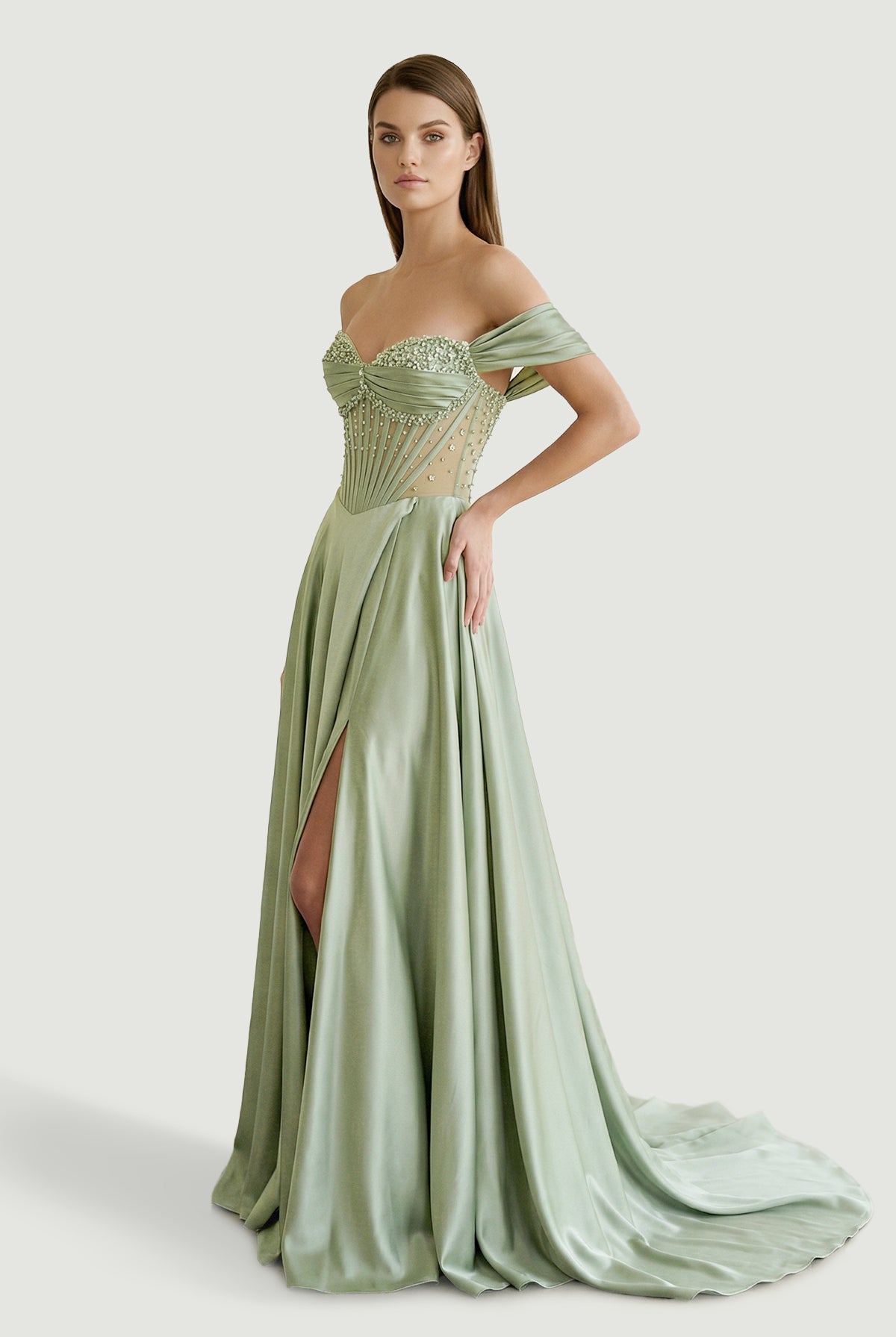 Varelyn | Sage - Off The Shoulder A Line Satin Beaded Prom Dresses With Slit - KissProm