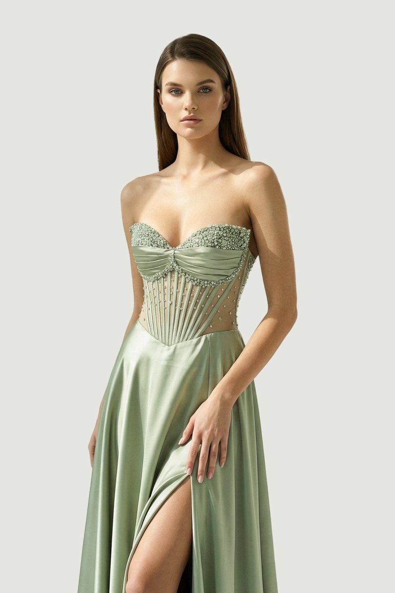 Varelyn | Sage - Off The Shoulder A Line Satin Beaded Prom Dresses With Slit - KissProm
