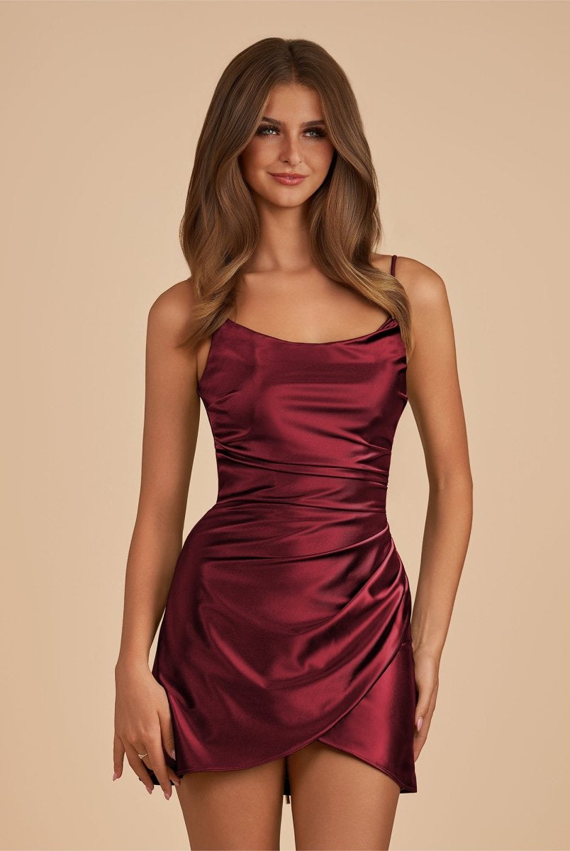 Vaya | Burgundy - Sheath Spaghetti Straps Pleated Satin Short Homecoming Dress