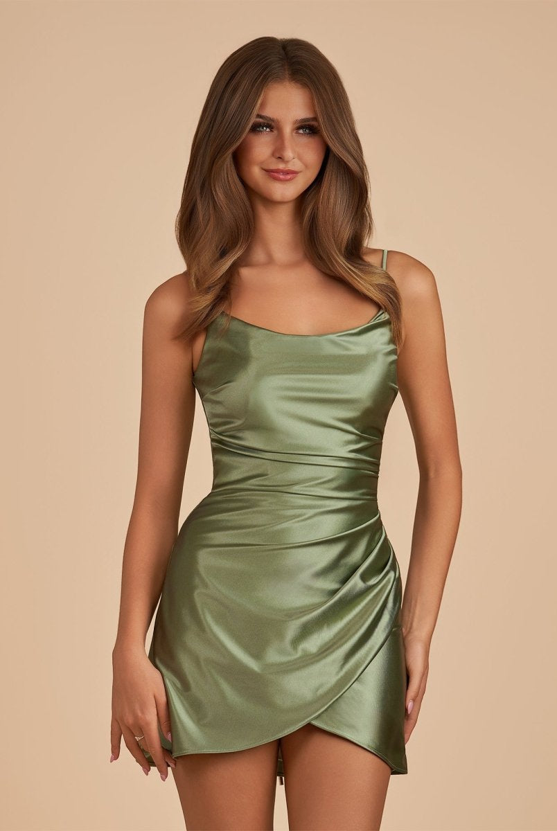 Vaya | Olive - Sheath Spaghetti Straps Pleated Satin Short Homecoming Dress
