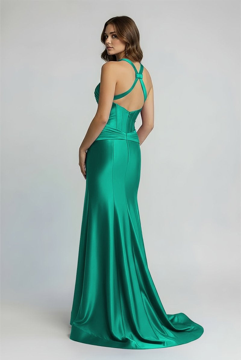 Veda | Green Satin Mermaid Slit Prom Dress with Criss Cross Neck - KissProm