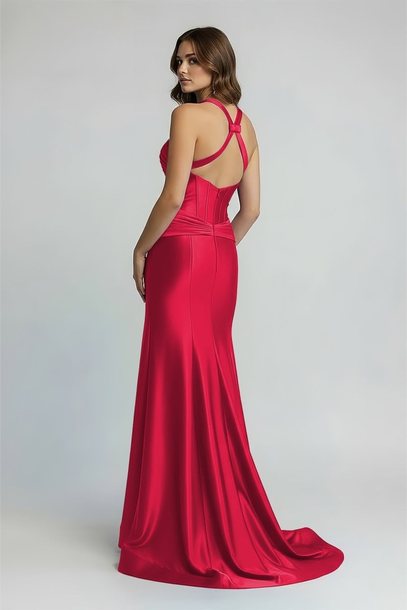 Veda | Green Satin Mermaid Slit Prom Dress with Criss Cross Neck - KissProm