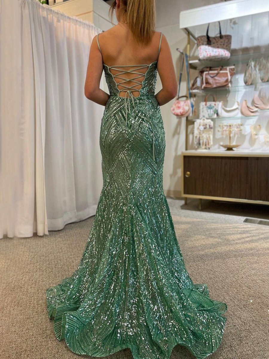 Veilure | Green Spaghetti Straps Sequins Mermaid Prom Dress with Slit - KissProm