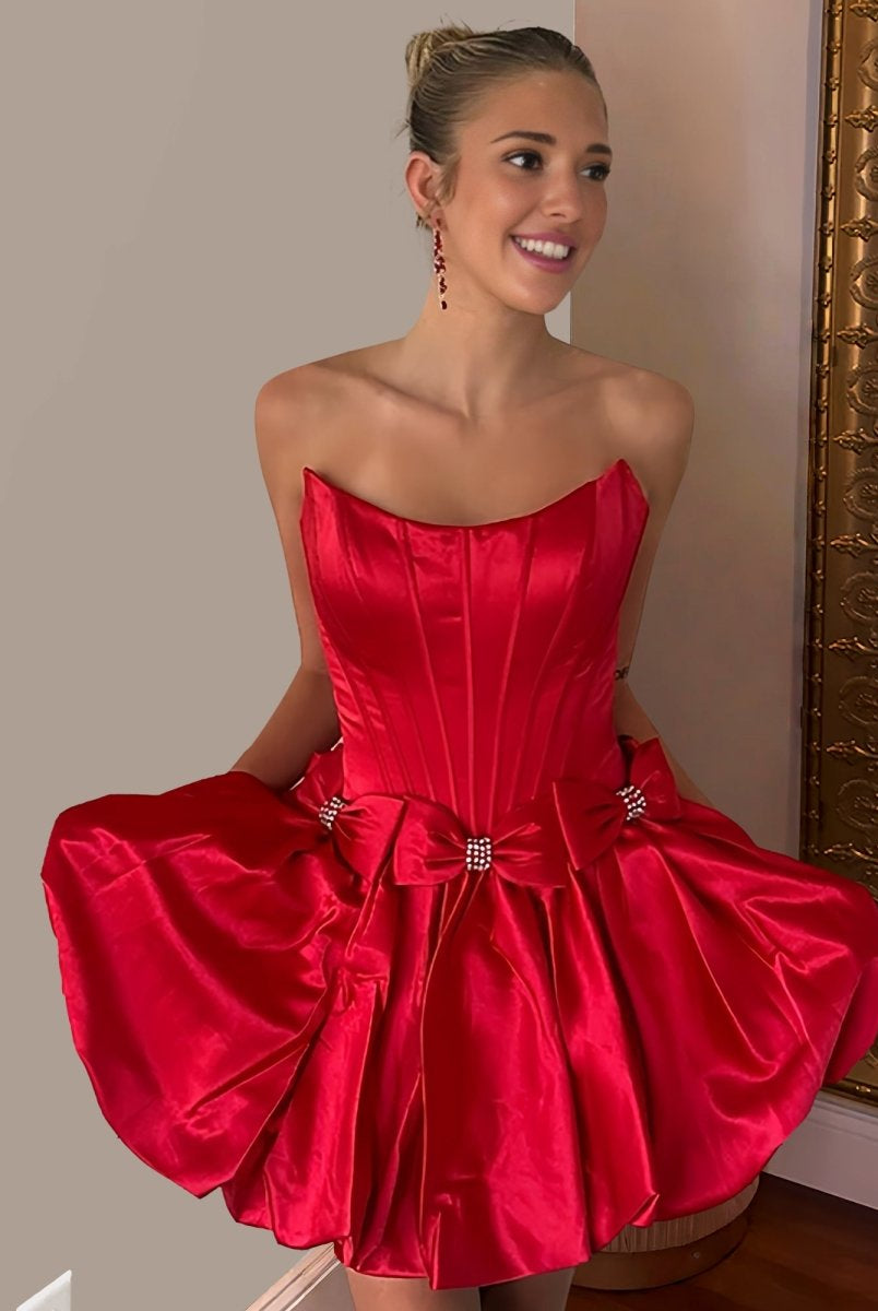 Vela | Red - Strapless A Line Satin Short Homecoming Dresses With Bow