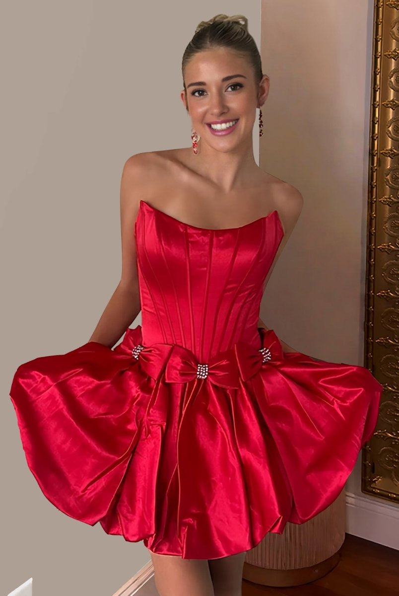 Vela | Red - Strapless A Line Satin Short Homecoming Dresses With Bow