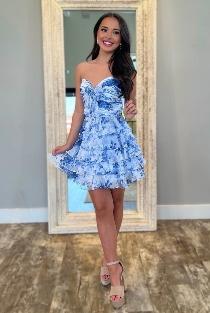 Veloria | Blue - A-line Strapless Floral Printed Chiffon Ruffles Short Homecoming Dresses