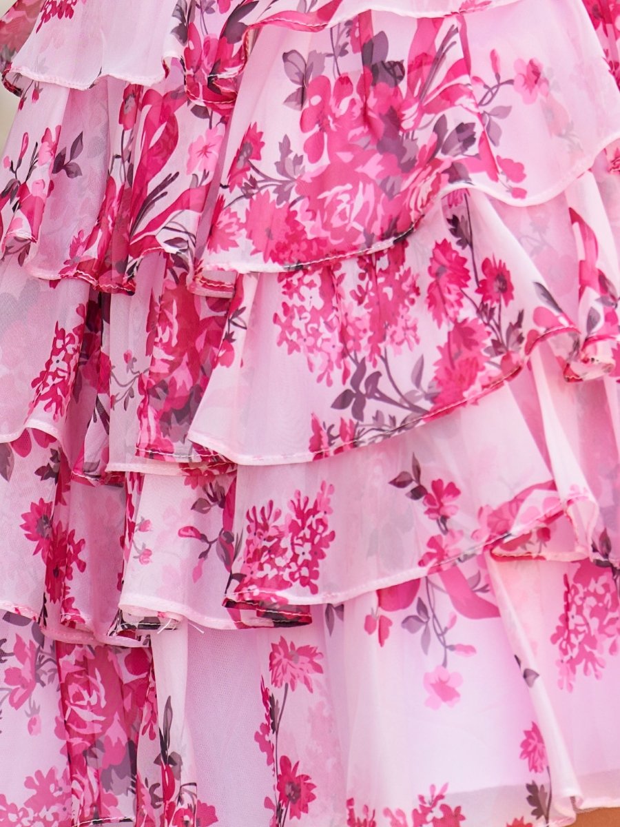 Veloria | Pink - A-line Strapless Floral Printed Chiffon Ruffles Short Homecoming Dresses