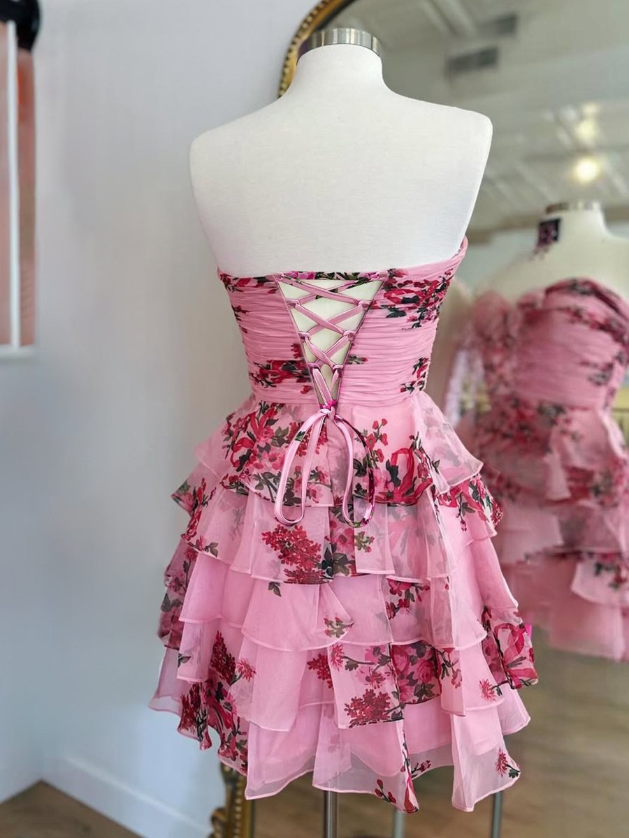 Veloria | Pink - A-line Strapless Floral Printed Chiffon Ruffles Short Homecoming Dresses