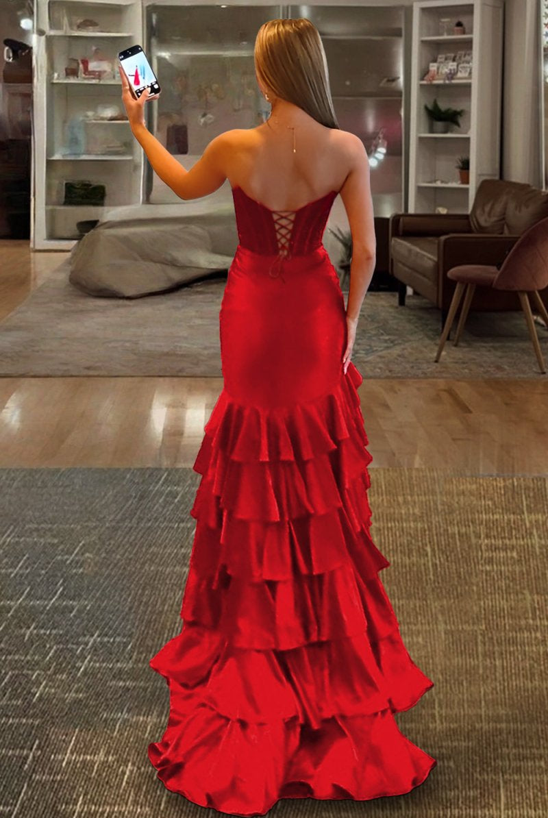 Venera | Red - Sweetheart Mermaid Satin Beaded Long Prom Dresses With Ruffles - KissProm
