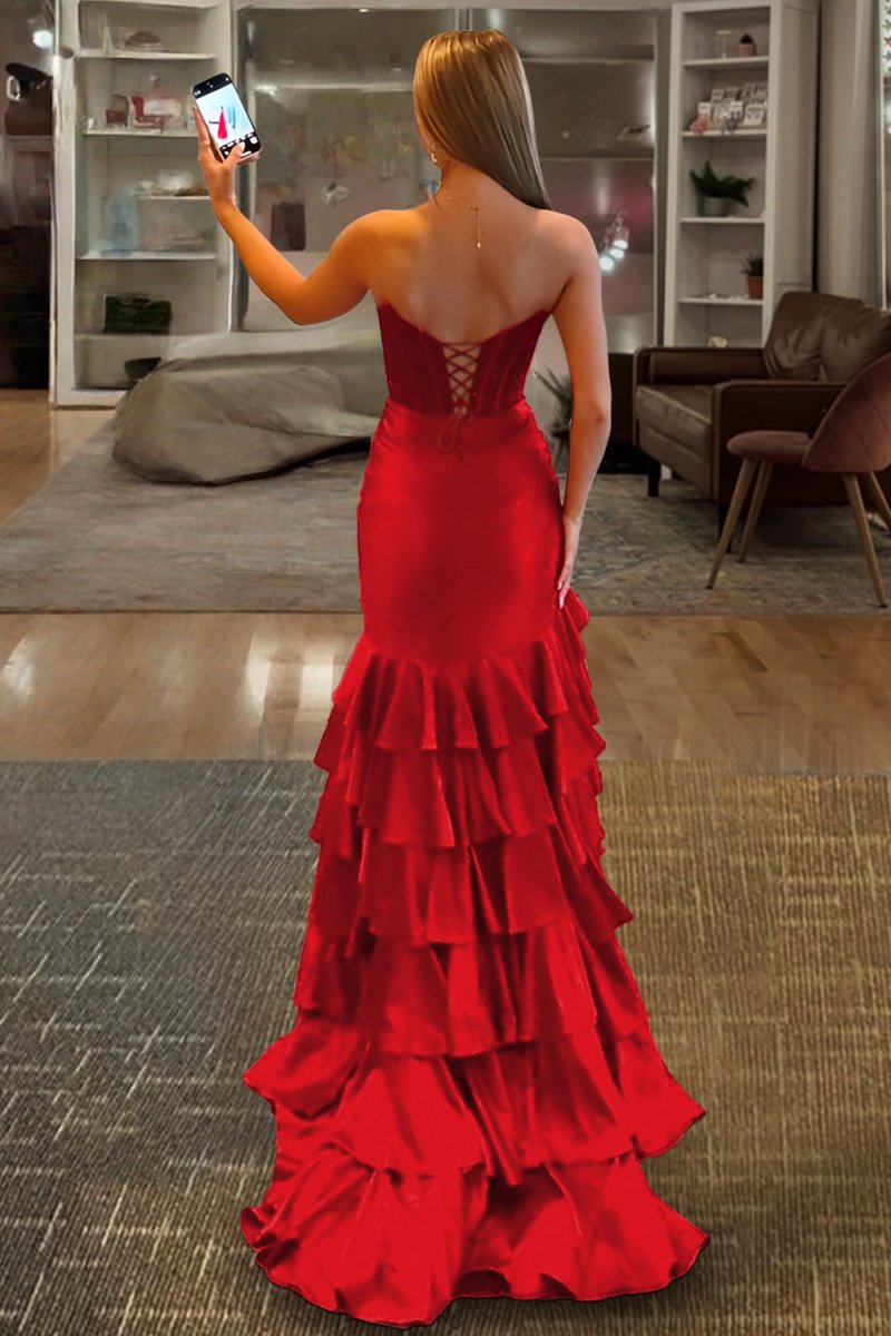 Venera | Red - Sweetheart Mermaid Satin Beaded Long Prom Dresses With Ruffles - KissProm