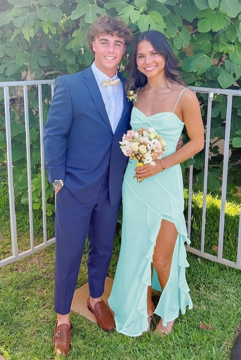 Venicia | V - Neck Yellow Chiffon Ruffles Long Prom Dresses with Slit - KissProm