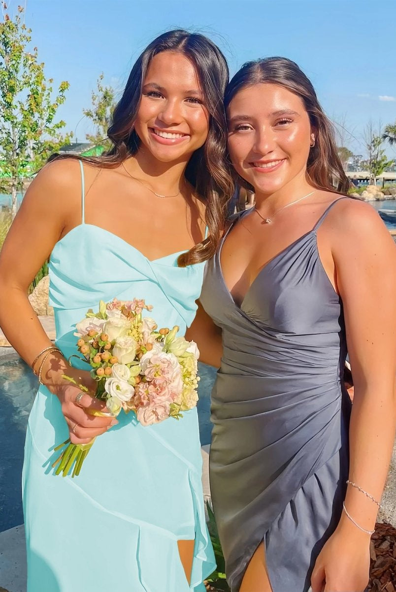 Venicia | V - Neck Yellow Chiffon Ruffles Long Prom Dresses with Slit - KissProm