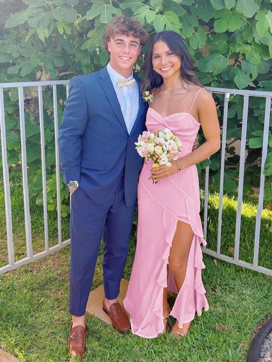 Venicia | V-Neck Yellow Chiffon Ruffles Long Prom Dresses with Slit