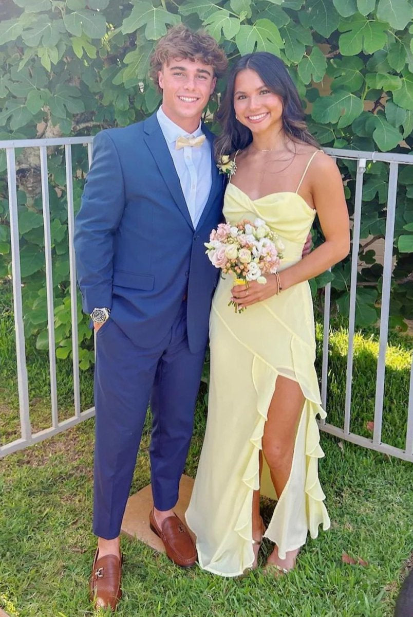 Venicia | V-Neck Yellow Chiffon Ruffles Long Prom Dresses with Slit