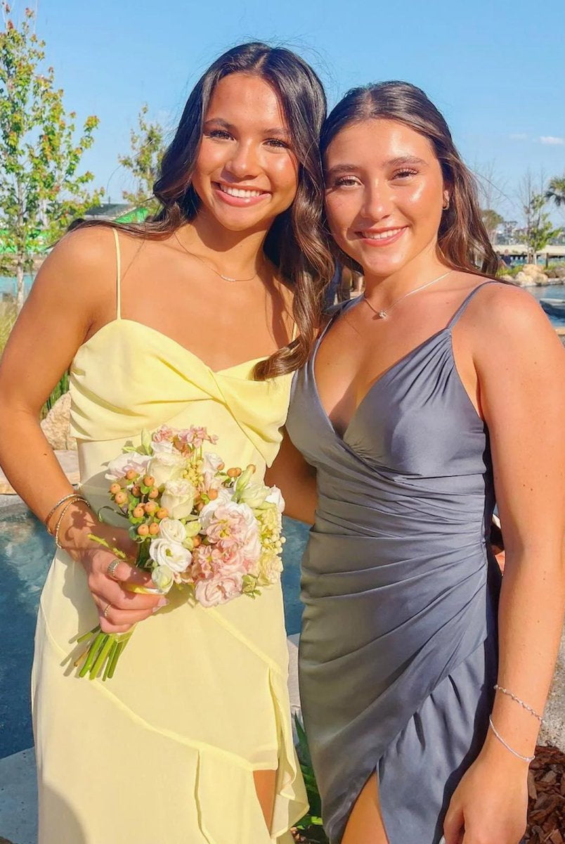 Venicia | V-Neck Yellow Chiffon Ruffles Long Prom Dresses with Slit