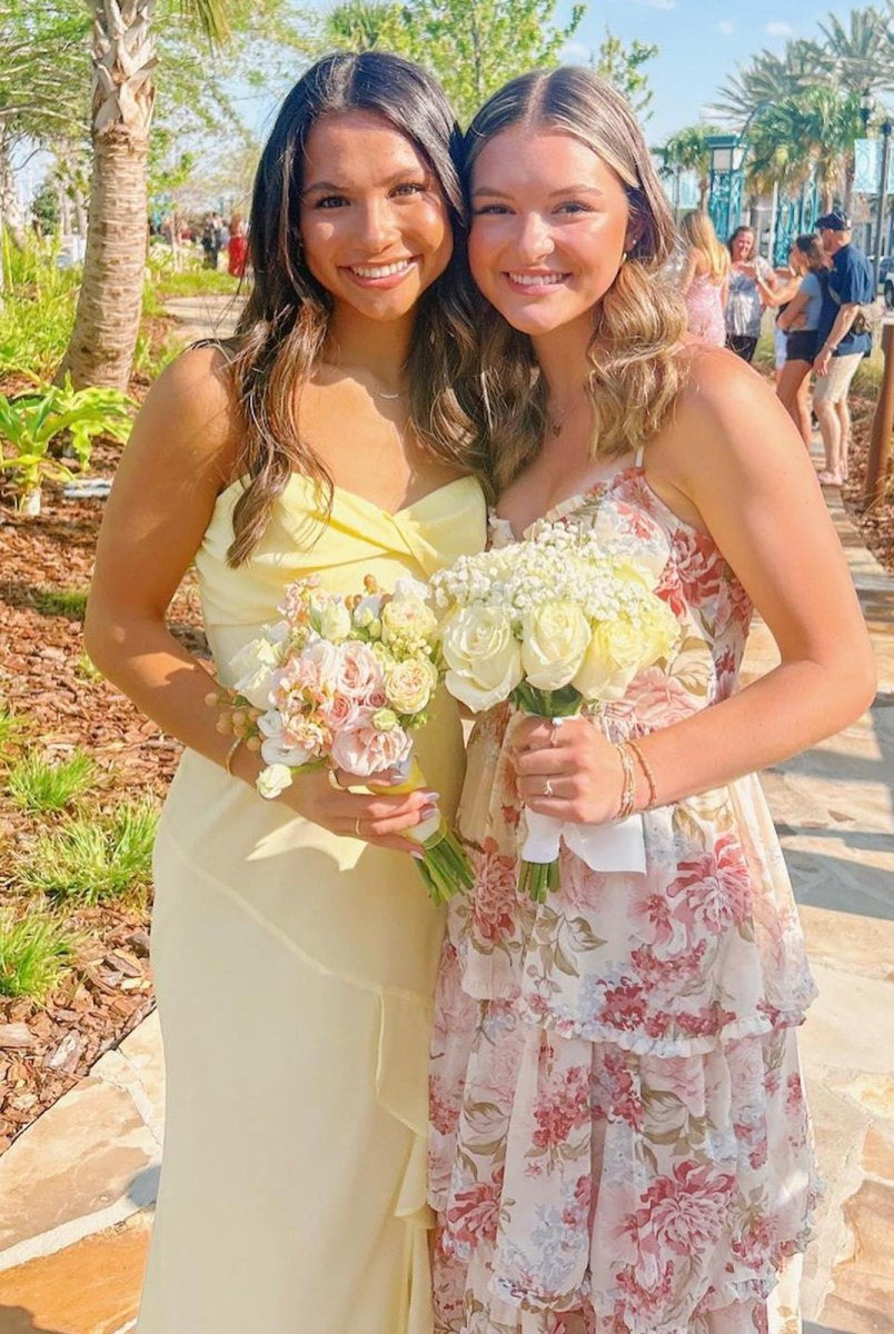 Venicia | V-Neck Yellow Chiffon Ruffles Long Prom Dresses with Slit