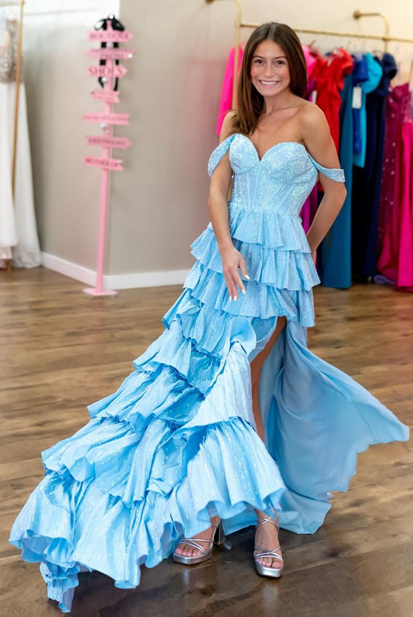 Verve | A Line V Neck Satin Tiered Long Prom Dresses With Beads - KissProm