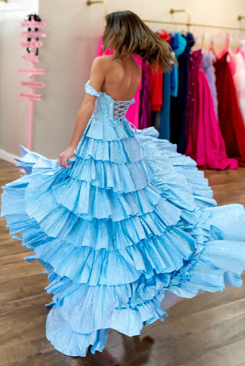 Verve | A Line V Neck Satin Tiered Long Prom Dresses With Beads - KissProm