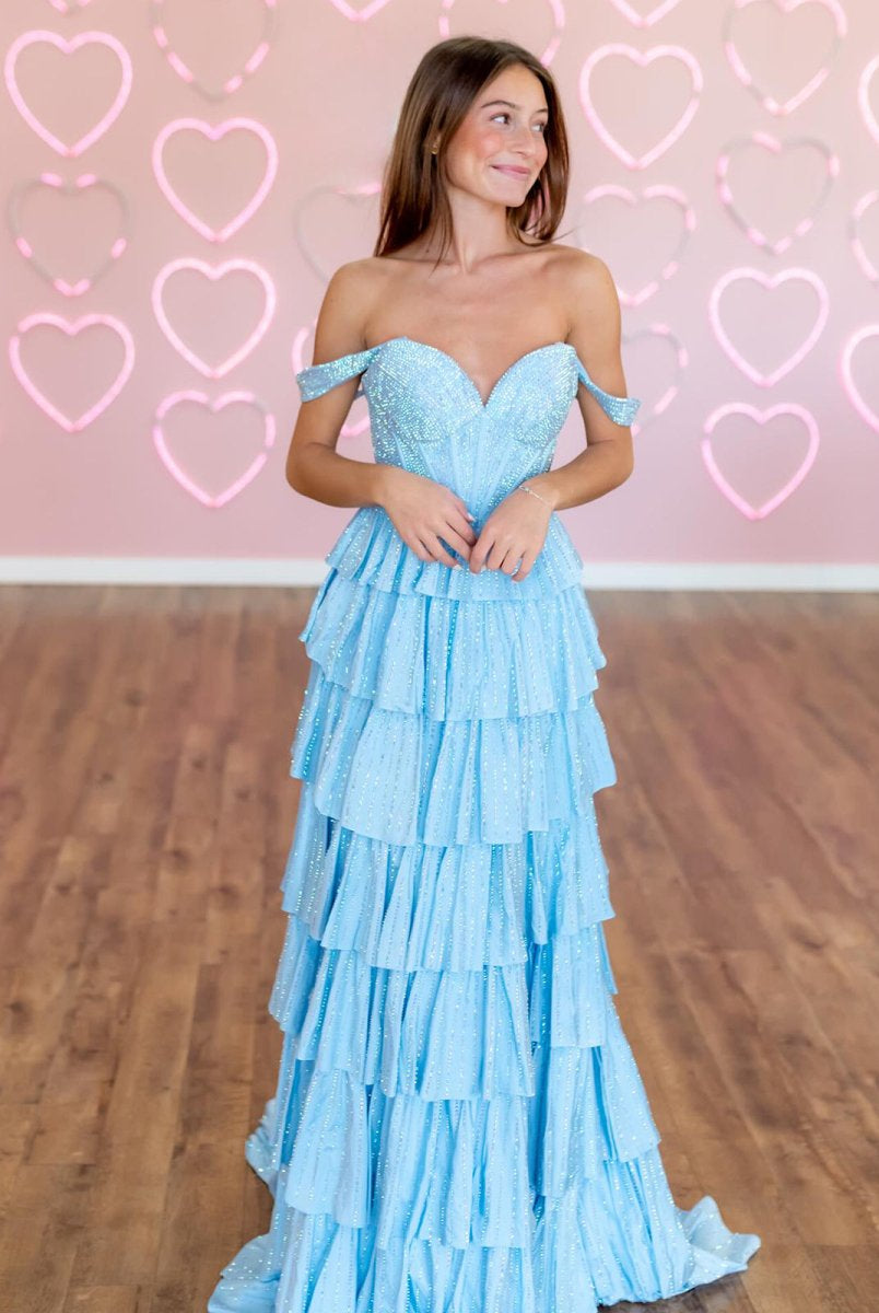 Verve | A Line V Neck Satin Tiered Long Prom Dresses With Beads - KissProm