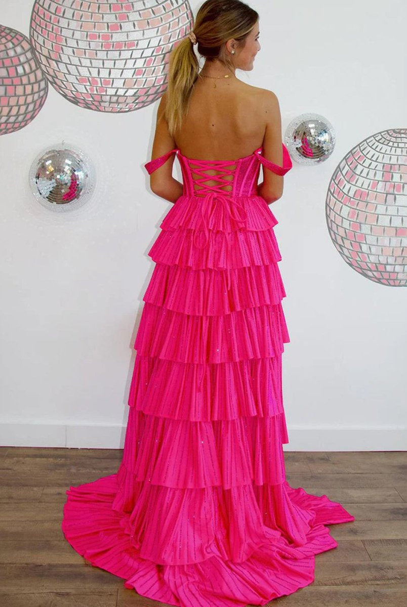 Verve | A Line V Neck Satin Tiered Long Prom Dresses With Beads - KissProm