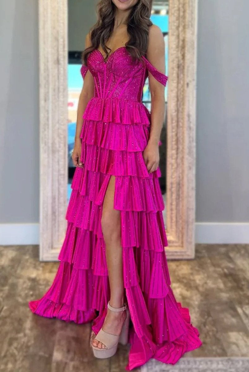 Verve | A Line V Neck Satin Tiered Long Prom Dresses With Beads - KissProm